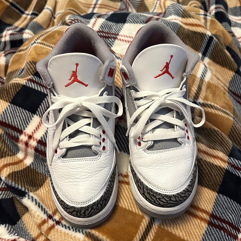 Nike Jordans 3 Kids White and Gray Sneakers with Red Accents worn 1x perfect.